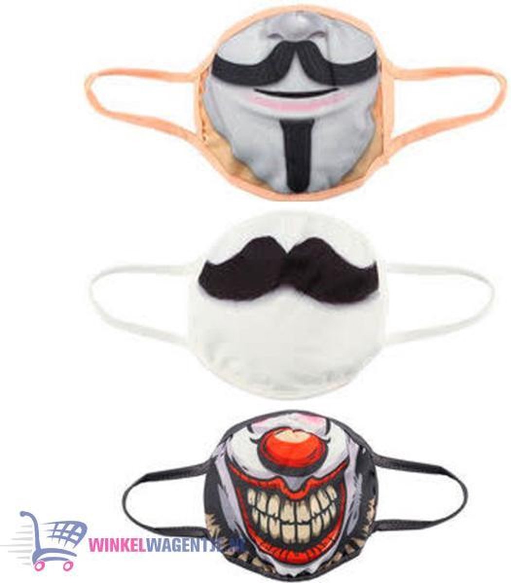 Mondmasker set van 3 (Clown + Snor + Anonymous) | Mondkapje Halloween Carnaval Verkleding | Stoffen mond-masker | Voor jong en oud face mask facial